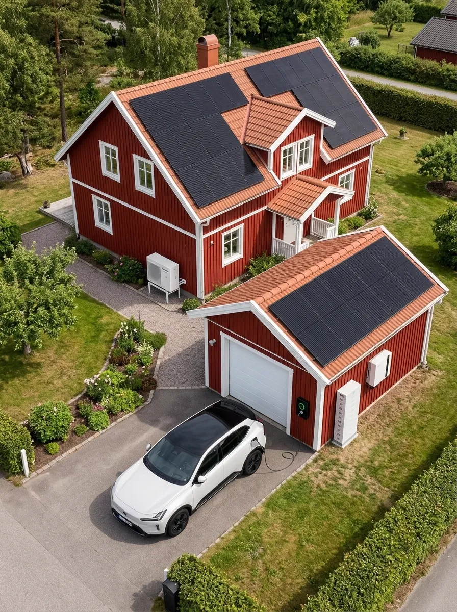 Villa med solceller, energilager och laddbox