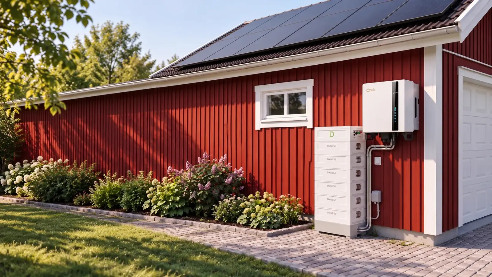 Batterilager och växelriktare vid rödmålat hus med solpaneler
